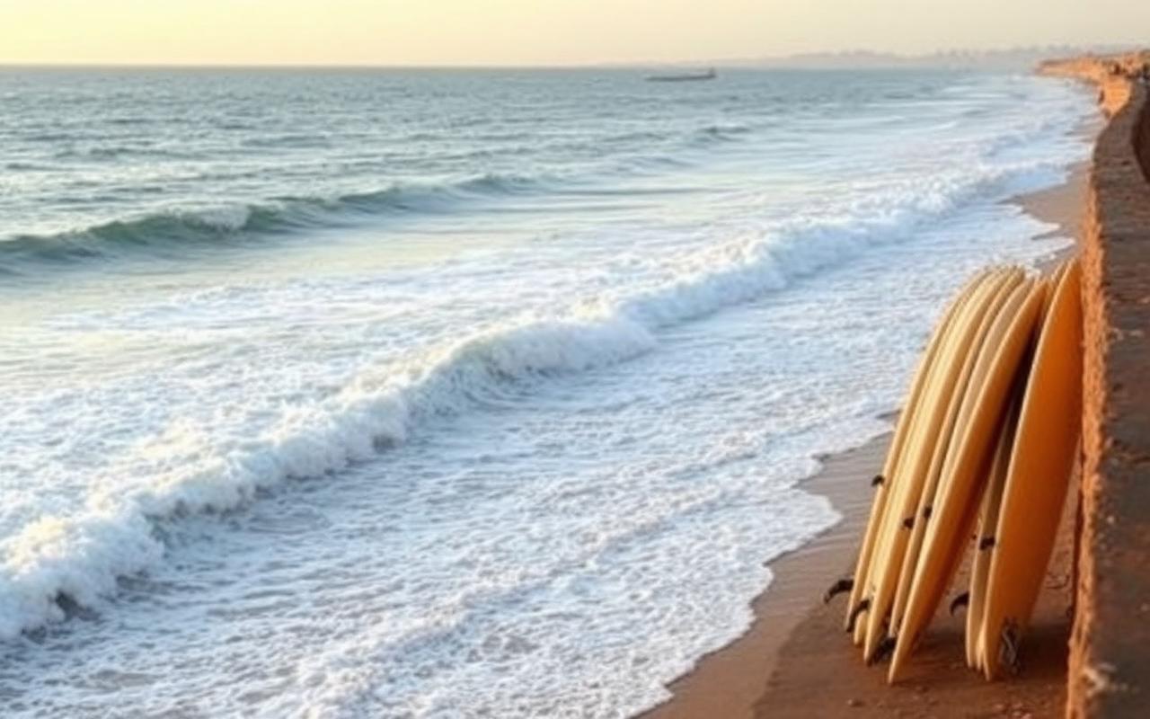 أمواج وألواح تصفح على شاطئ إمسوان