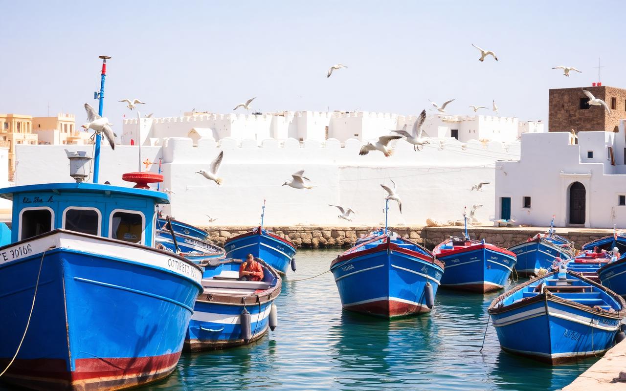 ميناء الصويرة، قوارب زرقاء وأسوار بيضاء