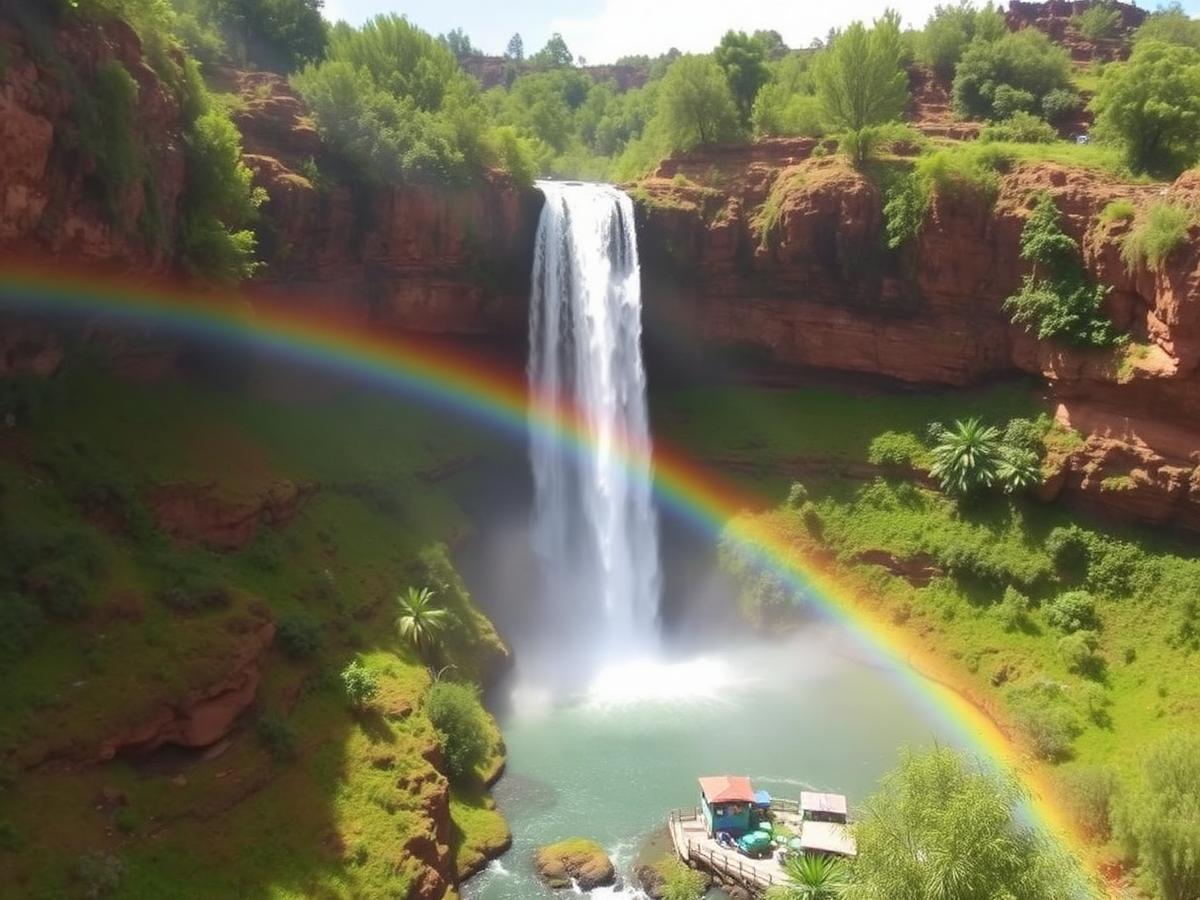 Waterfalls surrounded by greenery with a rainbow