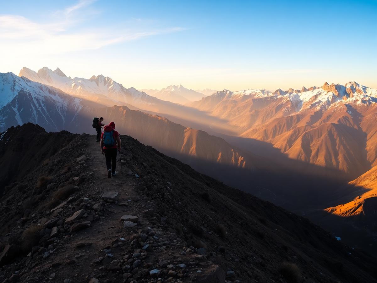 Hikers on a High Atlas ridge at daybreak
