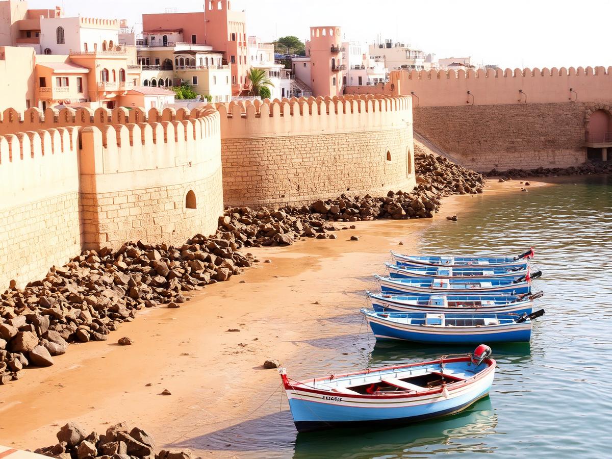 Ramparts and blue boats by the sea in Essaouira