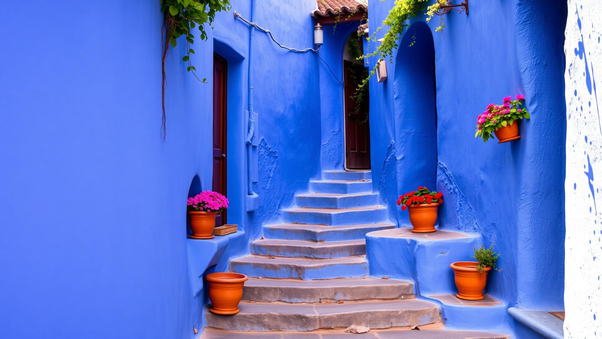 Blue-walled street and stairs in Chefchaouen