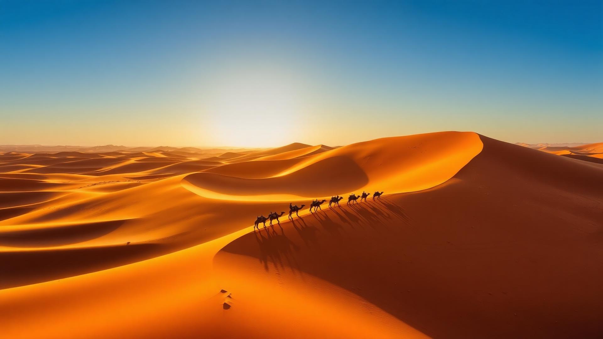 Camel caravan on Sahara dunes at sunset
