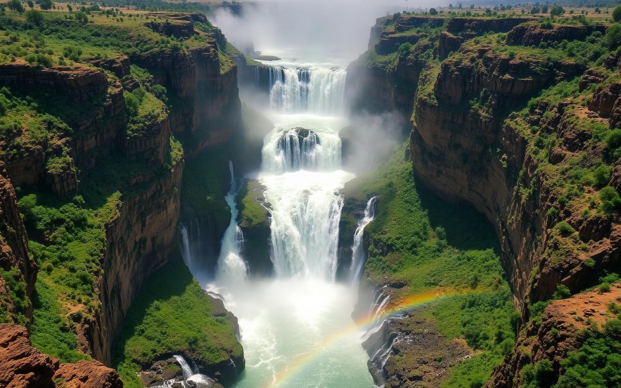 Ouzoud waterfalls seen from above with a rainbow and green gorge
