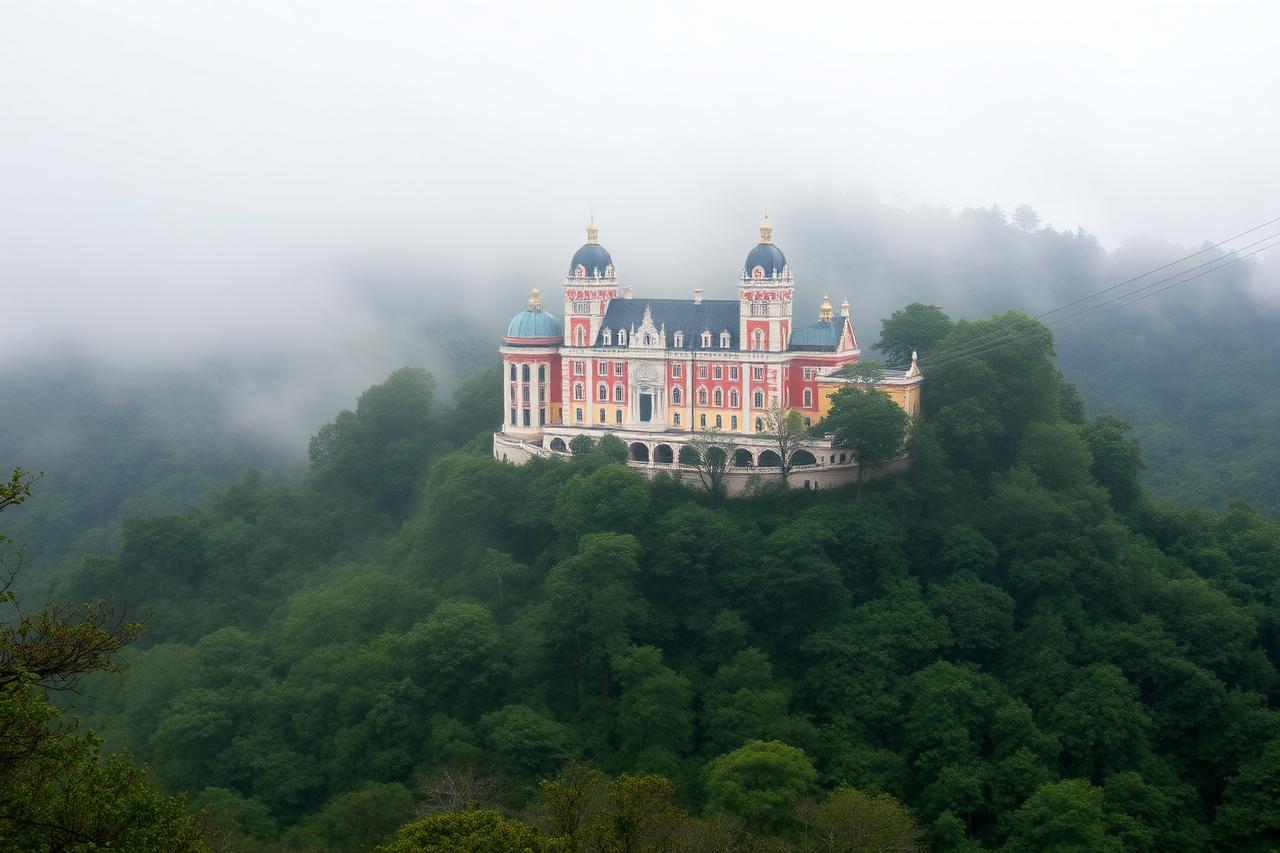 Colourful Sintra palace on a wooded hill