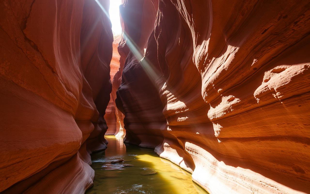 Narrow canyon with carved walls and a clear stream